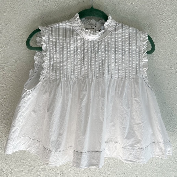 Ganni Poplin White Pintucked Ruffle Back Button Up Top Sleeveless Sz 38/6 - Picture 2 of 7